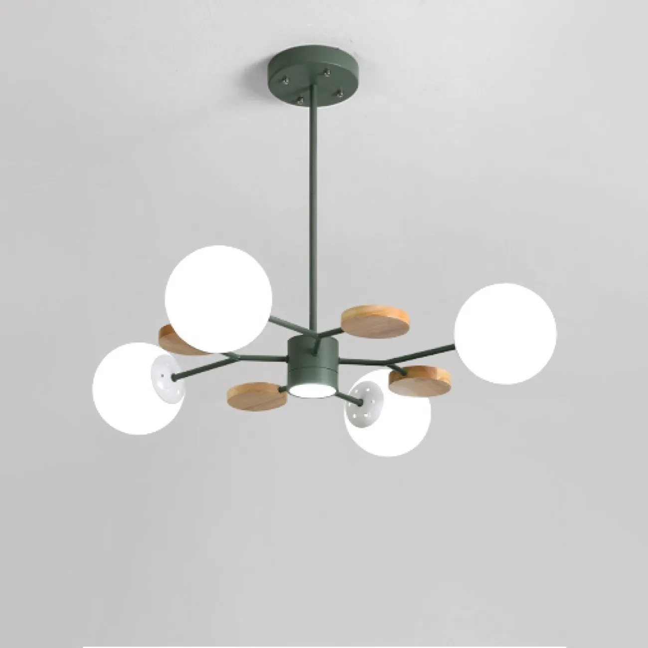 Линейка люстр в скандинавском стиле с шарообразными плафонами на металлической штанге и с деревянным декором MEADE ORB