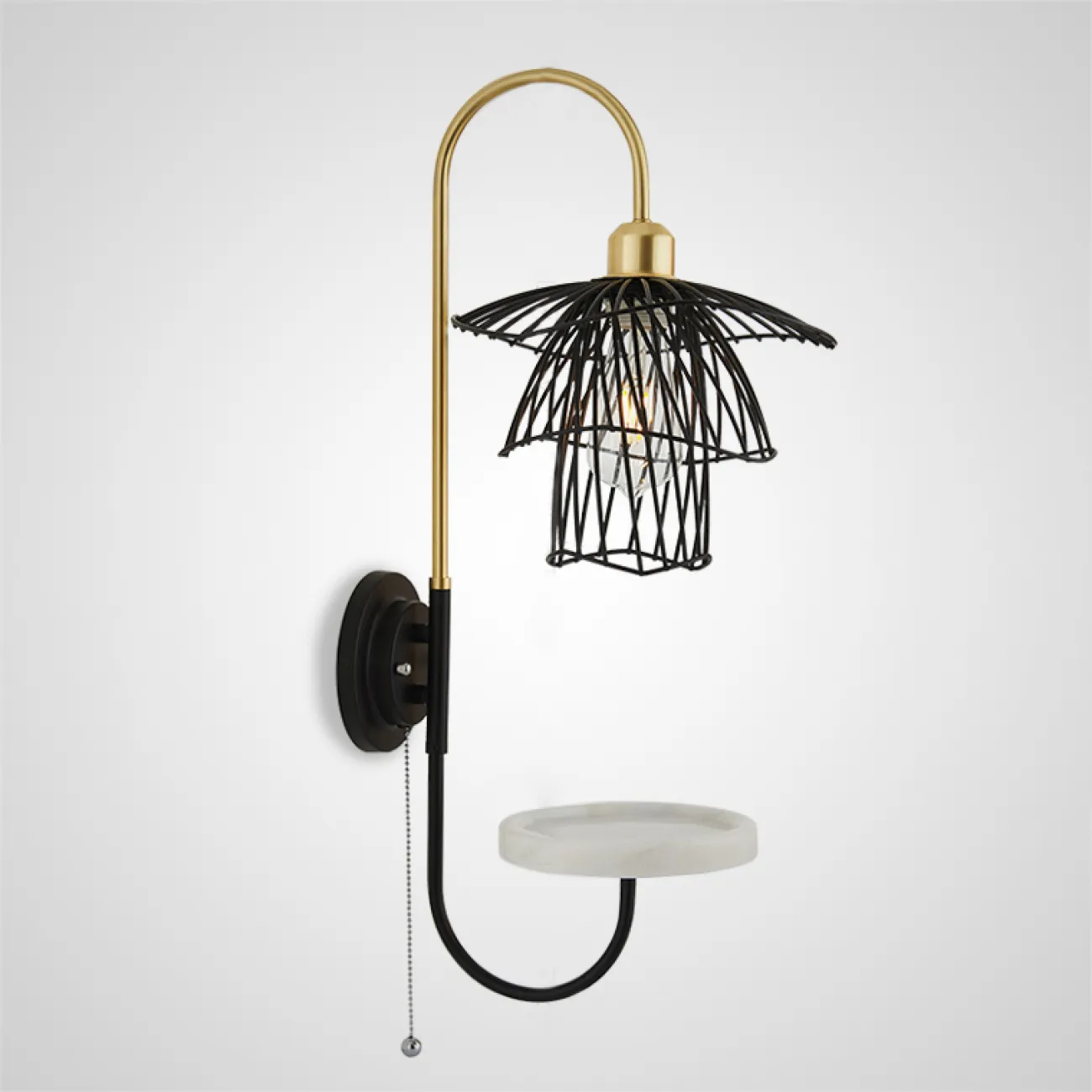 Бра с плафоном в виде цветка из металлической сетки и круглой полочкой из белого мрамора MODY WALL