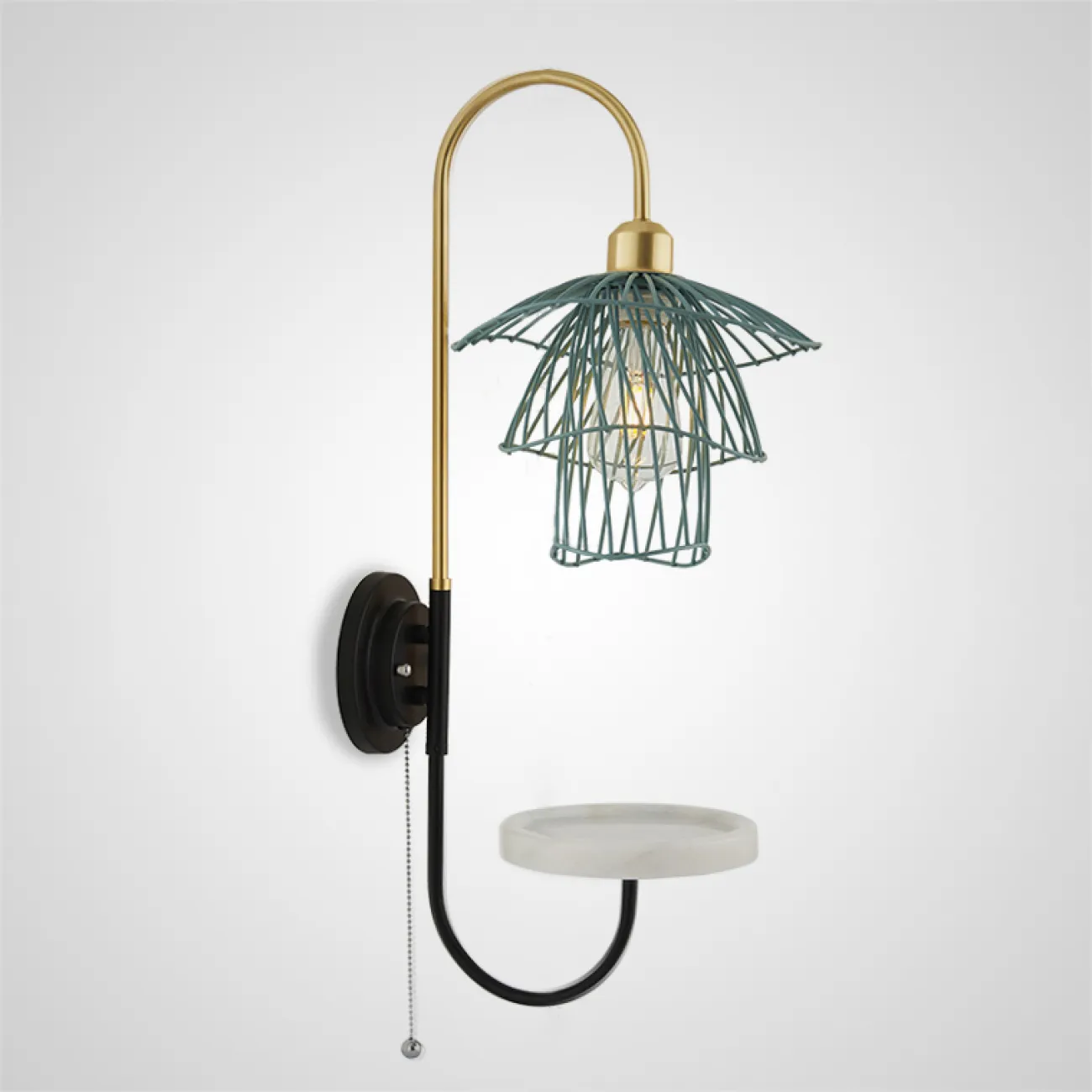 Бра с плафоном в виде цветка из металлической сетки и круглой полочкой из белого мрамора MODY WALL