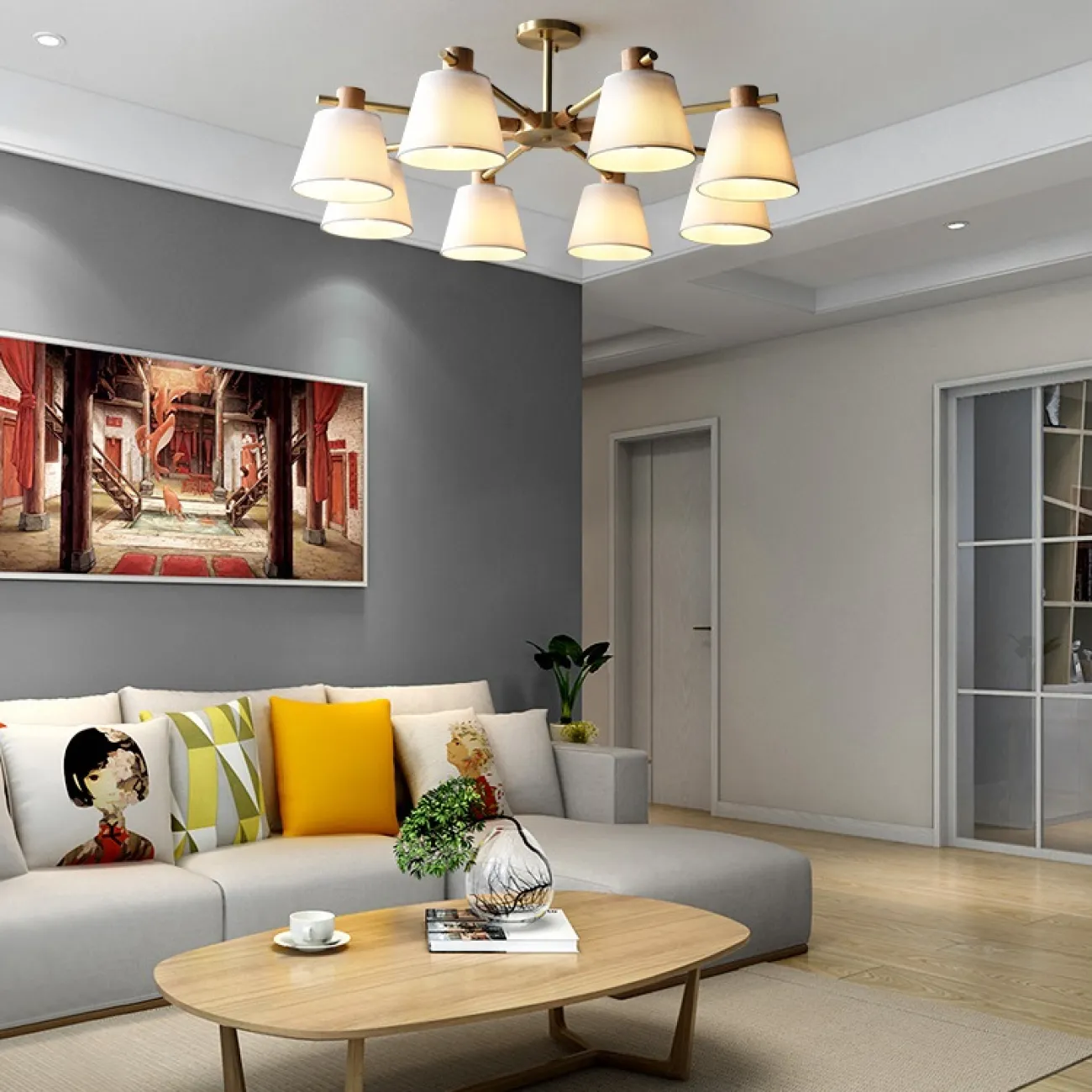 Люстра в скандинавском стиле с текстильными плафонами NATURA PRIMA