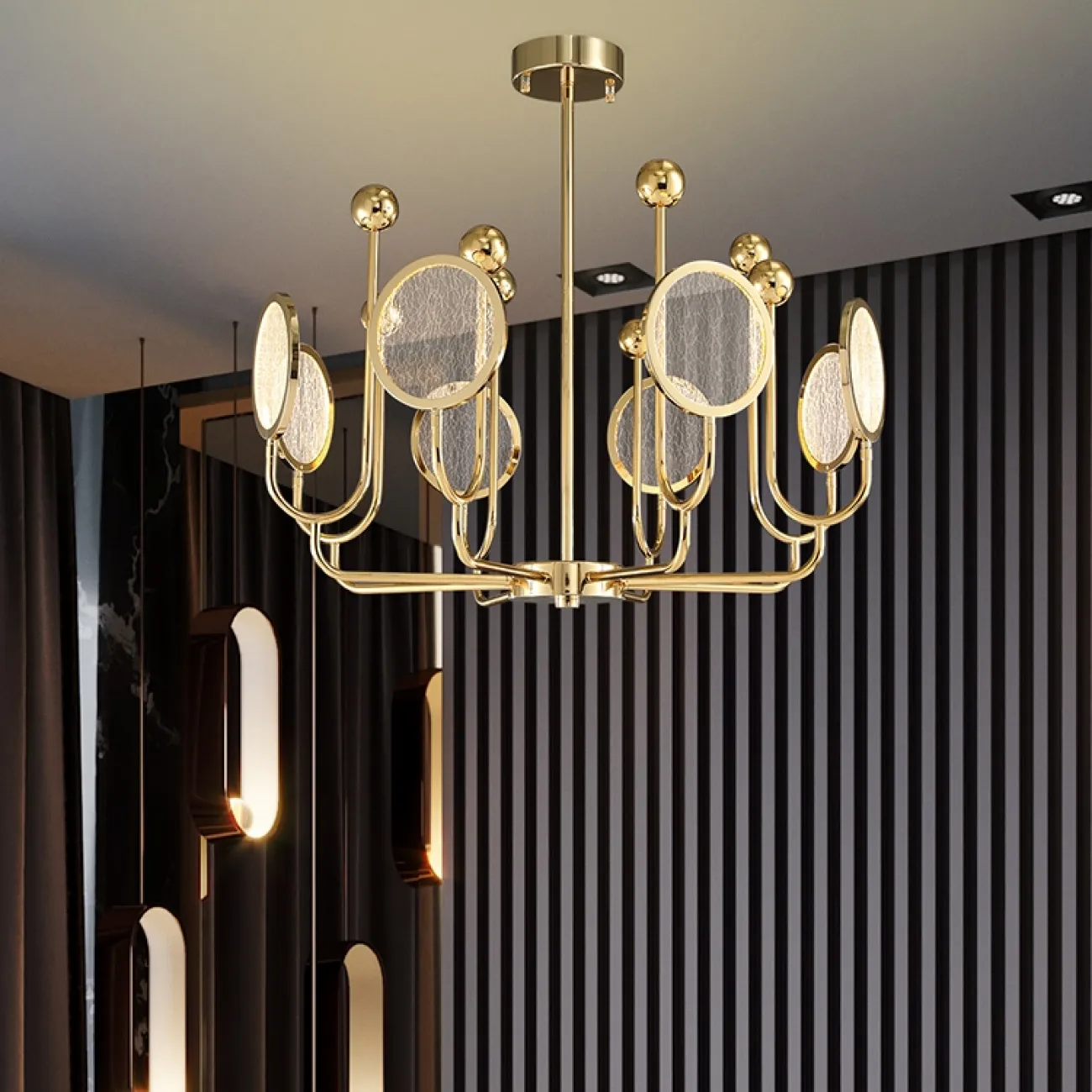 Линейка люстр на каркасе из металла и стеклом с эффектом каракле OLEANA Линейка люстр на каркасе из металла и стеклом с эффектом каракле OLEANA