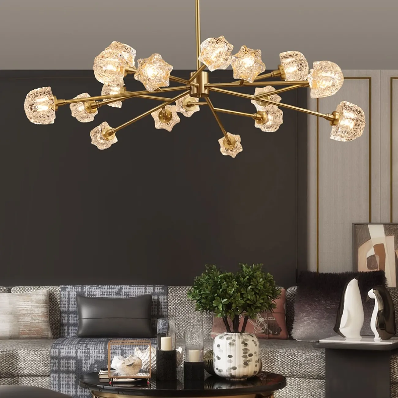 Линейка люстр на металлическом каркасе с плафонами из рельефного стекла ORION