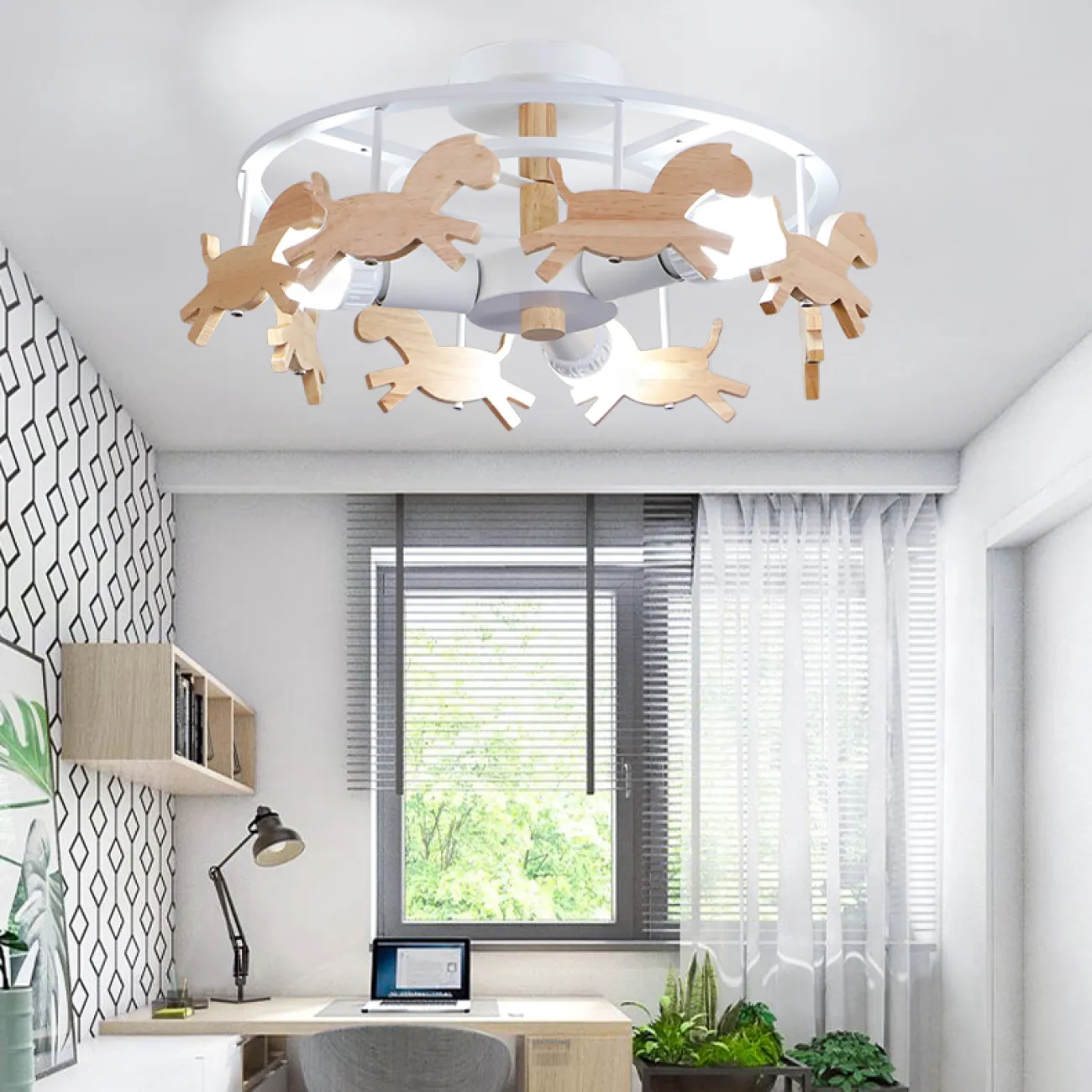 Потолочная люстра в скандинавском стиле с деревянными лошадками PONY