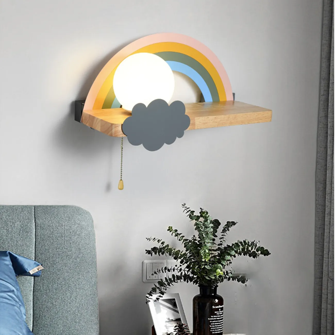 Настенный светильник с деревянной полкой и декором из стекла и металла RAINBOW KIDS WALL