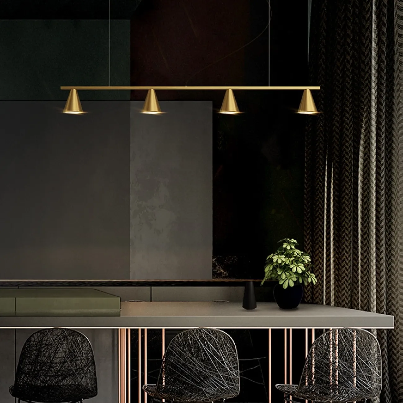 Реечный светильник на струнном подвесе с плафонами в виде конусов SEGRI Реечный светильник на струнном подвесе с плафонами в виде конусов SEGRI