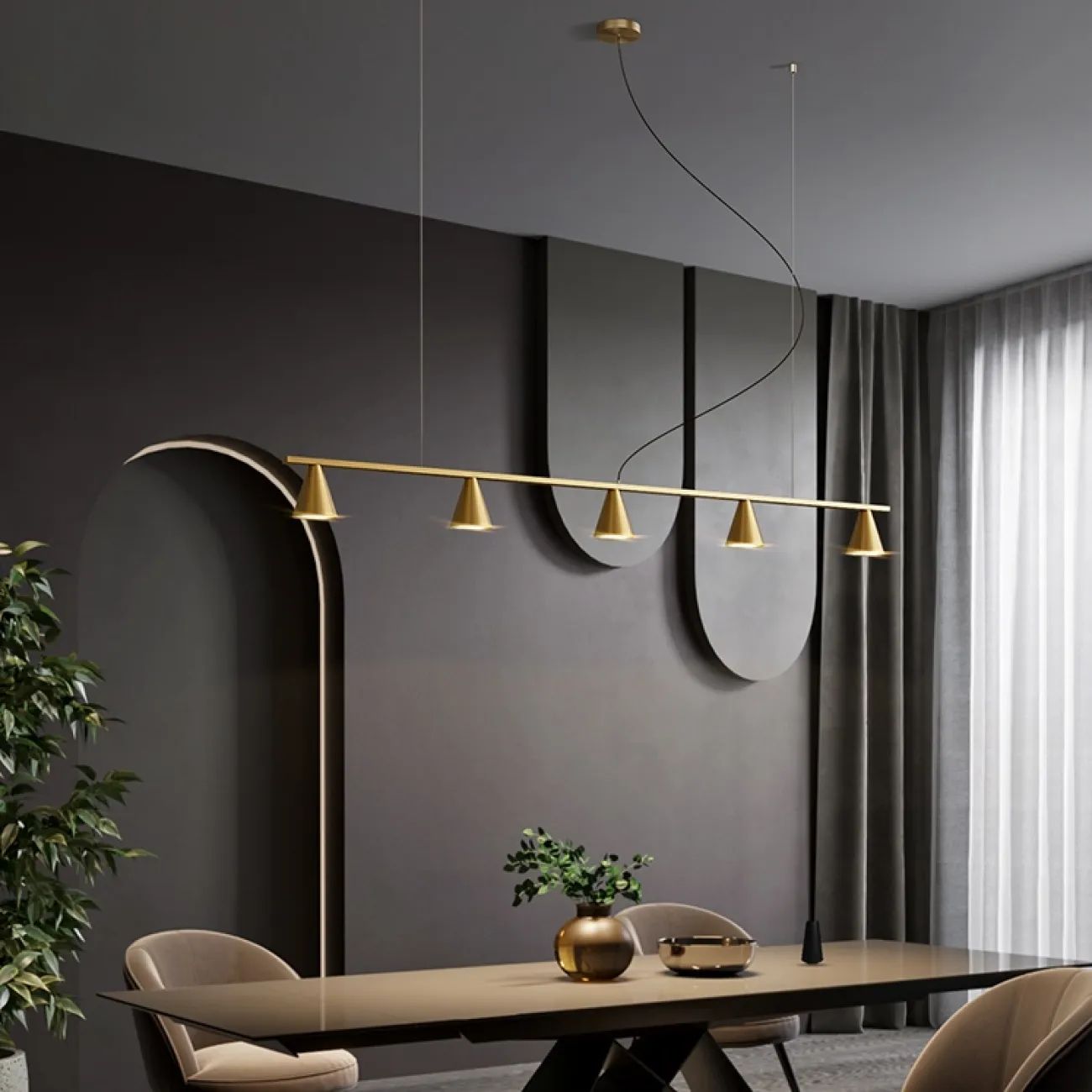 Реечный светильник на струнном подвесе с плафонами в виде конусов SEGRI Реечный светильник на струнном подвесе с плафонами в виде конусов SEGRI