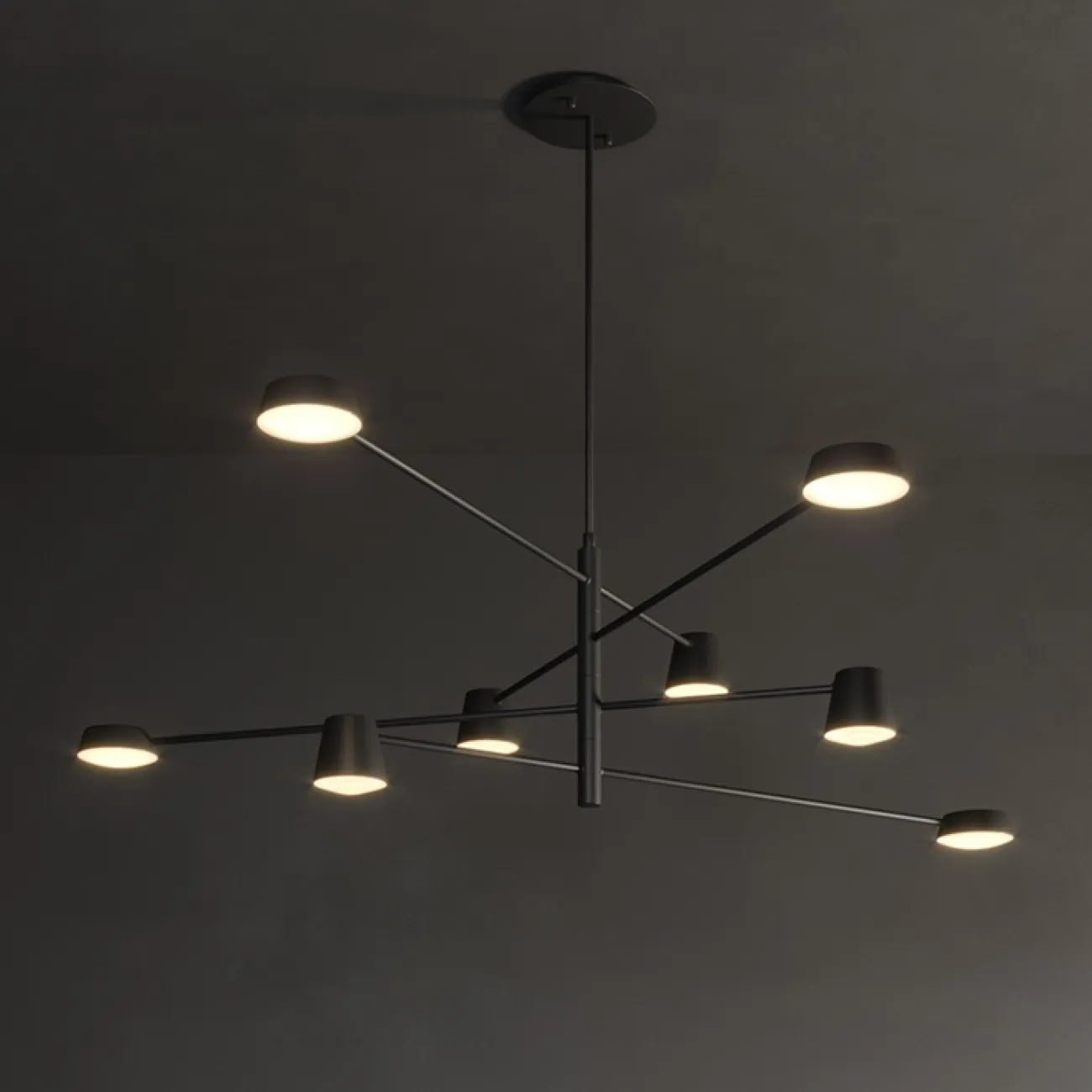 Светодиодная люстра с плафонами двух типов, расположенными на асимметоичных поворотных штангах TOIVOLA B