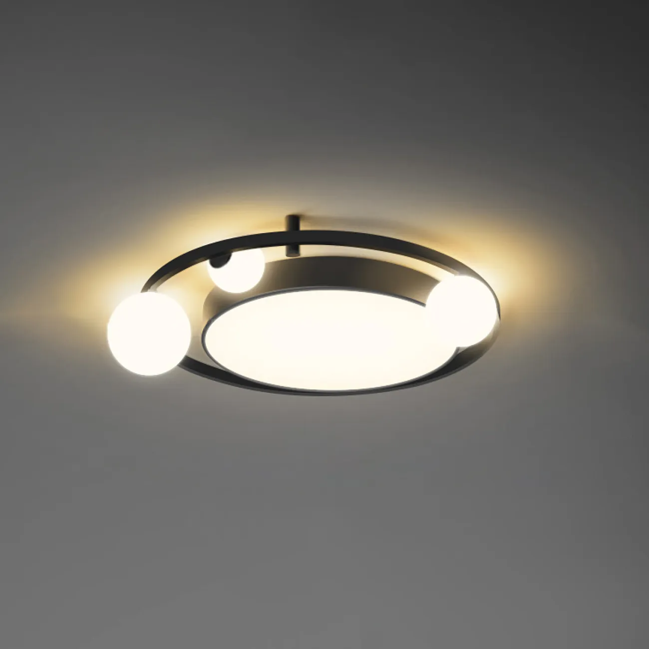 Потолочный светильник в виде комбинации круглого плафона с led-матрицей и шарообразных плафонов на кольцевом каркасе VESTA