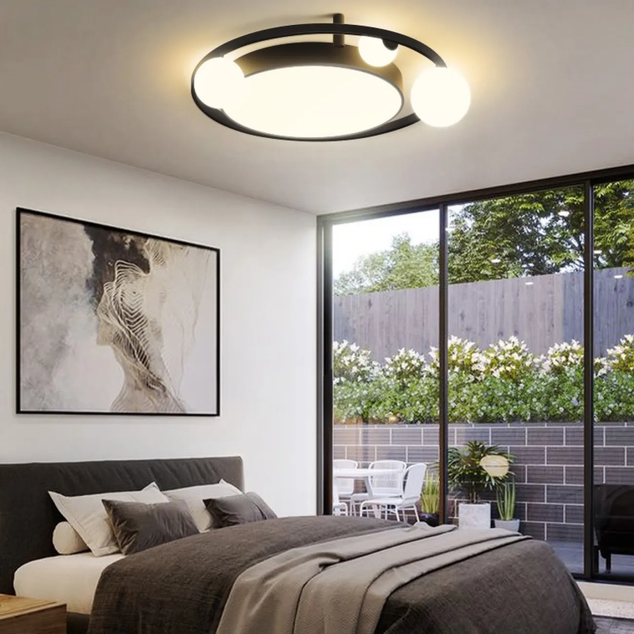 Потолочный светильник в виде комбинации круглого плафона с led-матрицей и шарообразных плафонов на кольцевом каркасе VESTA