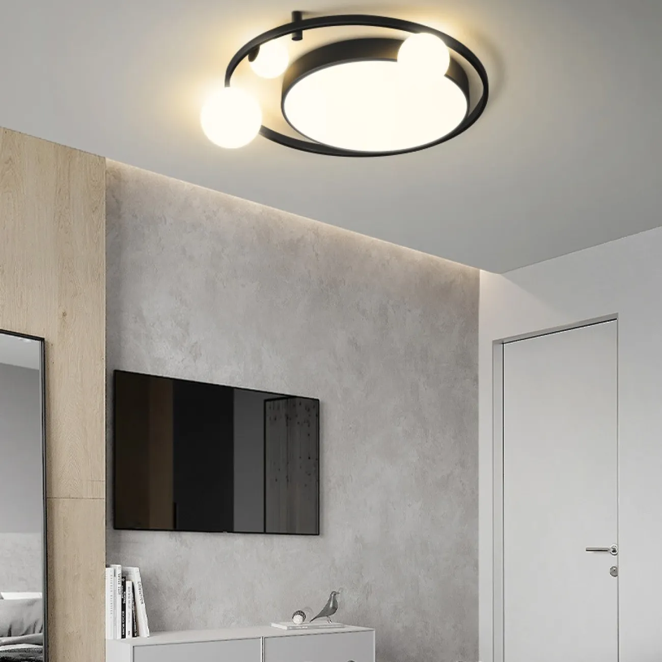 Потолочный светильник в виде комбинации круглого плафона с led-матрицей и шарообразных плафонов на кольцевом каркасе VESTA