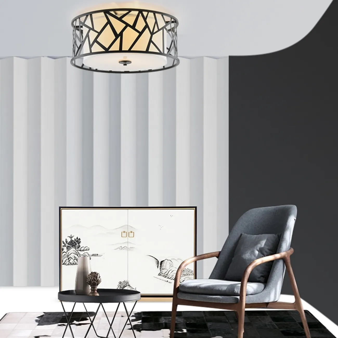 Потолочная люстра выполненная из металла с текстильным абажуром WISH