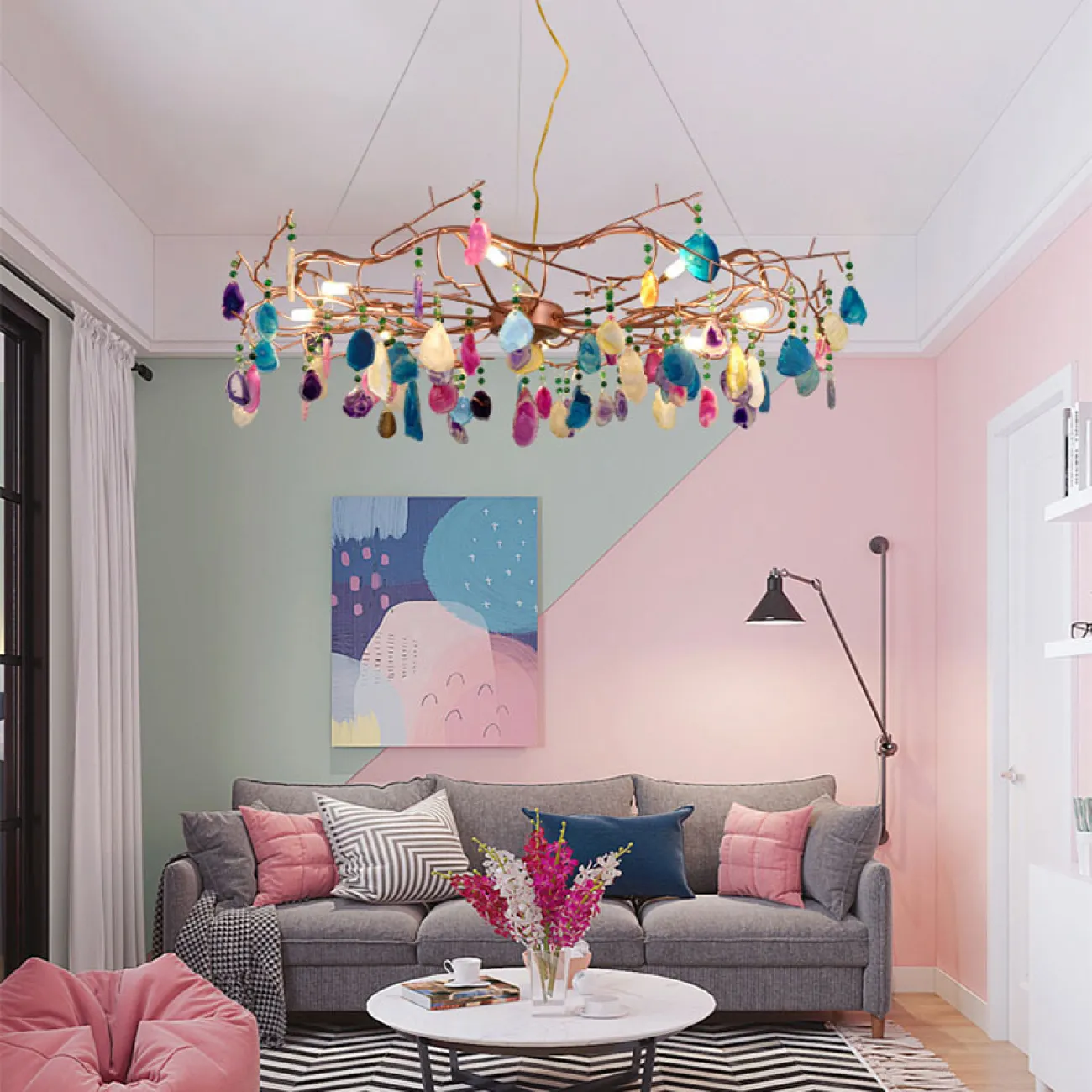 Люстра с растительными мотивами из цветного натурального агата на струнном подвесе AGATE 9 от LaLume