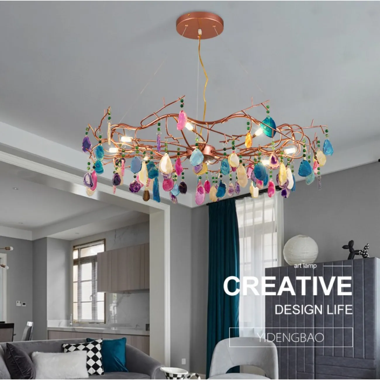 Люстра с растительными мотивами из цветного натурального агата на струнном подвесе AGATE 9 от LaLume