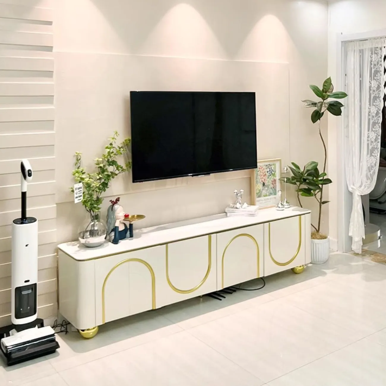 ТВ шкаф в кремовом стиле из белой каменной плиты Purple Leaf 35934-29 ТВ шкаф в кремовом стиле из белой каменной плиты Purple Leaf 35934-29