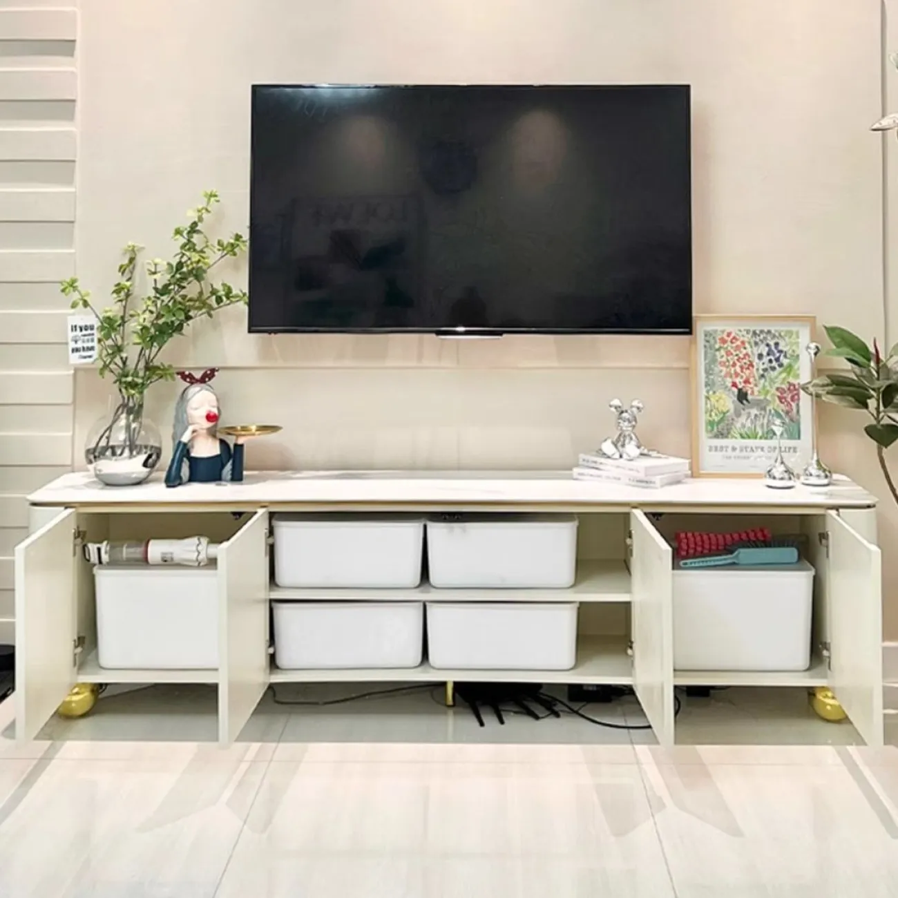 ТВ шкаф в кремовом стиле из белой каменной плиты Purple Leaf 35934-29 ТВ шкаф в кремовом стиле из белой каменной плиты Purple Leaf 35934-29