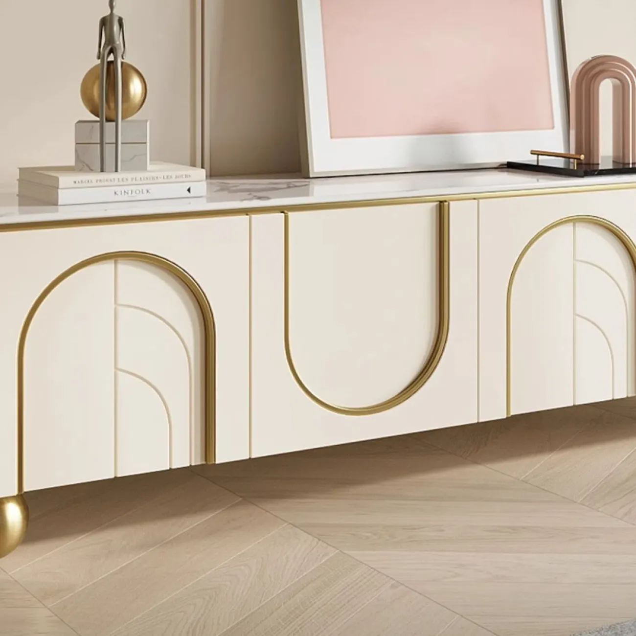 ТВ шкаф в кремовом стиле из белой каменной плиты Purple Leaf 35934-29 ТВ шкаф в кремовом стиле из белой каменной плиты Purple Leaf 35934-29