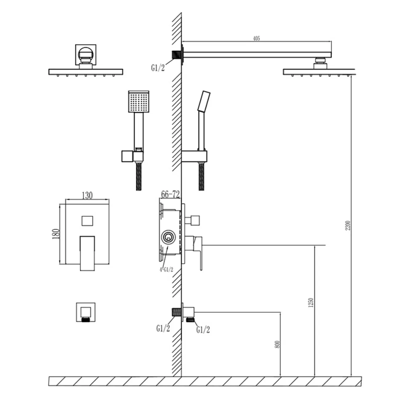 Скрытый латунный смеситель с тропическим душем для ванной в Скандинавском стиле LaLume MB21139-23 Скрытый латунный смеситель с тропическим душем для ванной в Скандинавском стиле LaLume MB21139-23