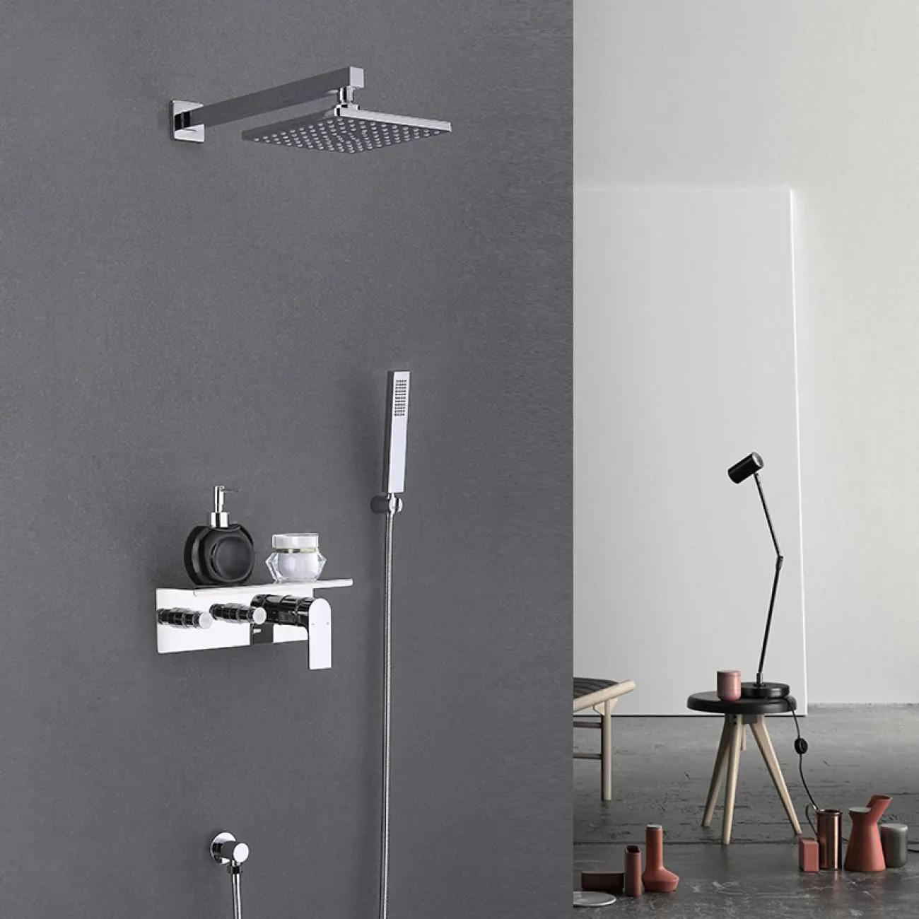 Креативный смеситель с полкой и тропическим душем для ванной в Скандинавском стиле LaLume MB21140-23 Креативный смеситель с полкой и тропическим душем для ванной в Скандинавском стиле LaLume MB21140-23