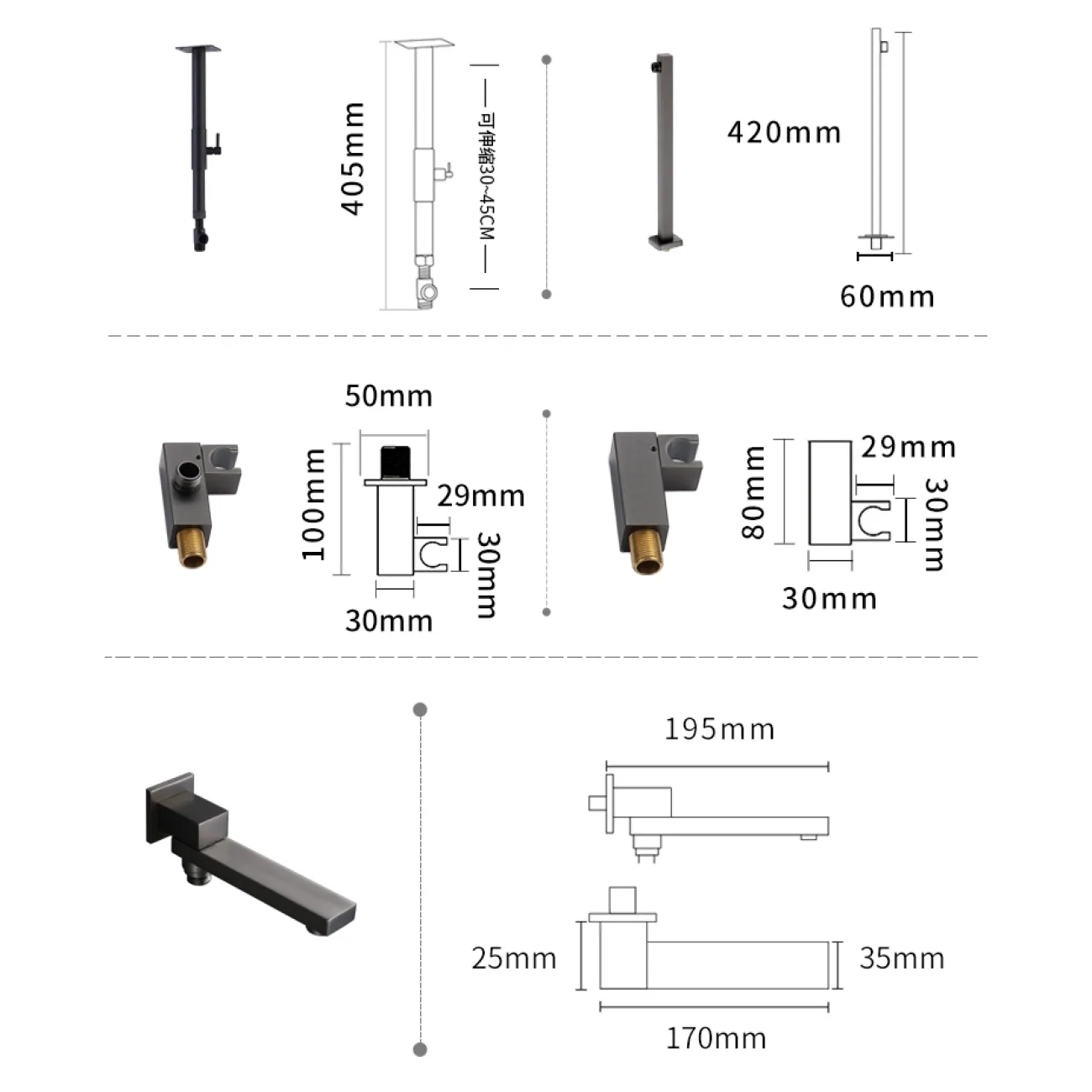 Роскошный латунный смеситель с тропическим душем для ванной в Хай-тек стиле LaLume MB21189-23 Роскошный латунный смеситель с тропическим душем для ванной в Хай-тек стиле LaLume MB21189-23