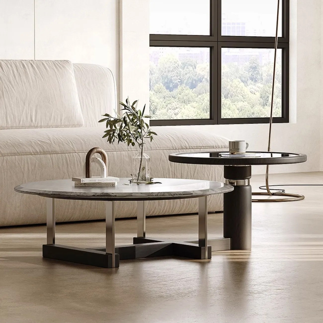 Большой и маленький круглый журнальный столик из мрамора Tide Leader 35768-29