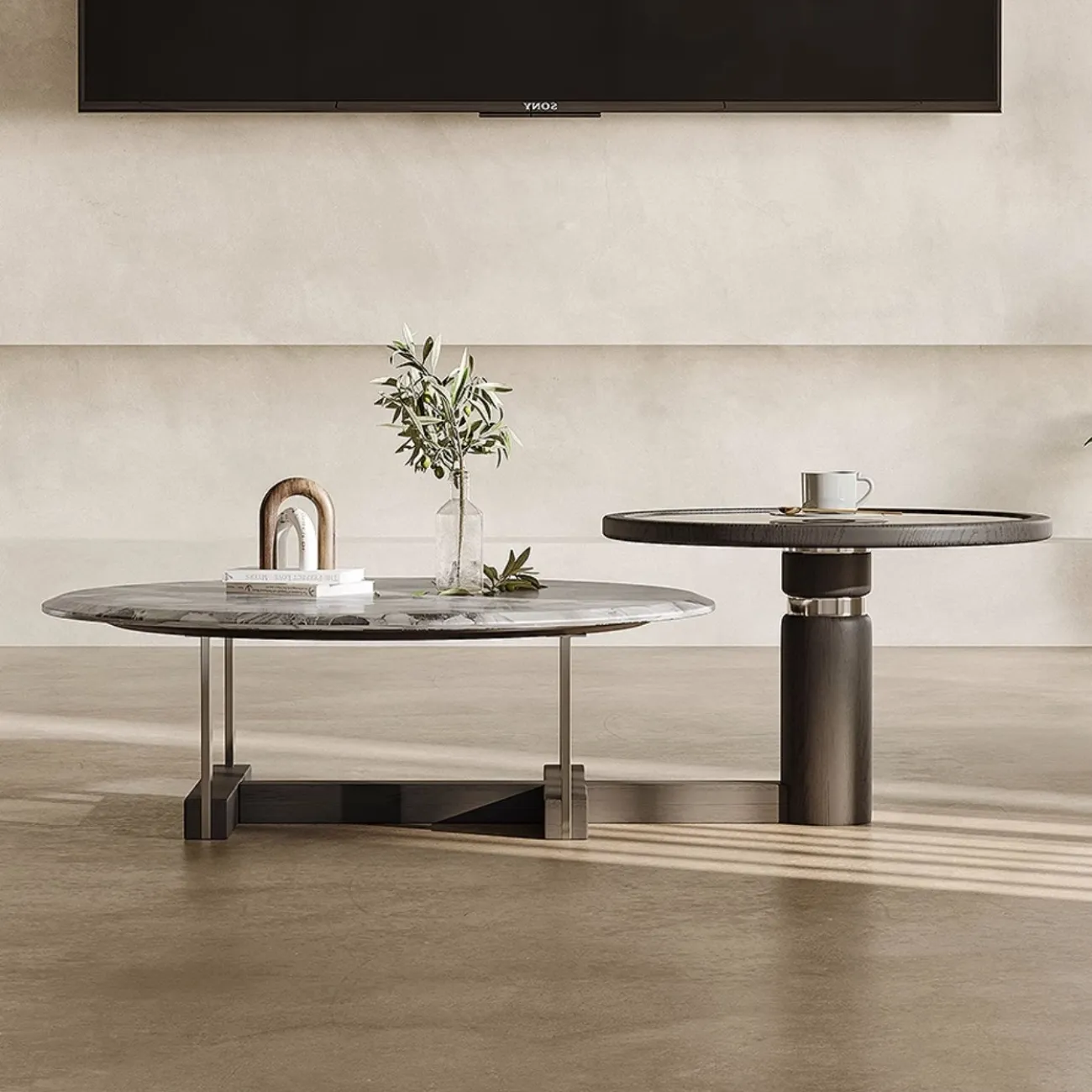 Большой и маленький круглый журнальный столик из мрамора Tide Leader 35768-29