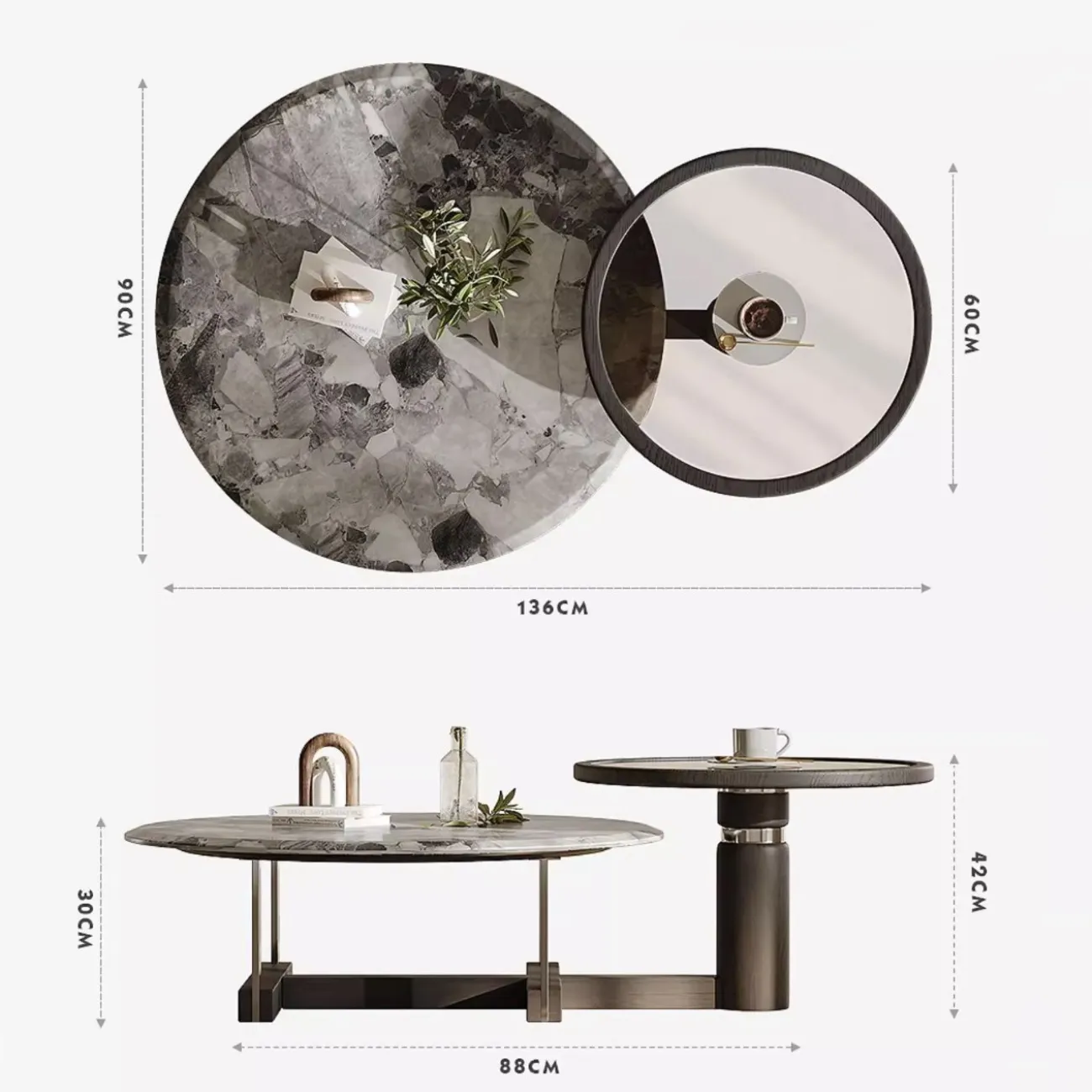 Большой и маленький круглый журнальный столик из мрамора Tide Leader 35768-29
