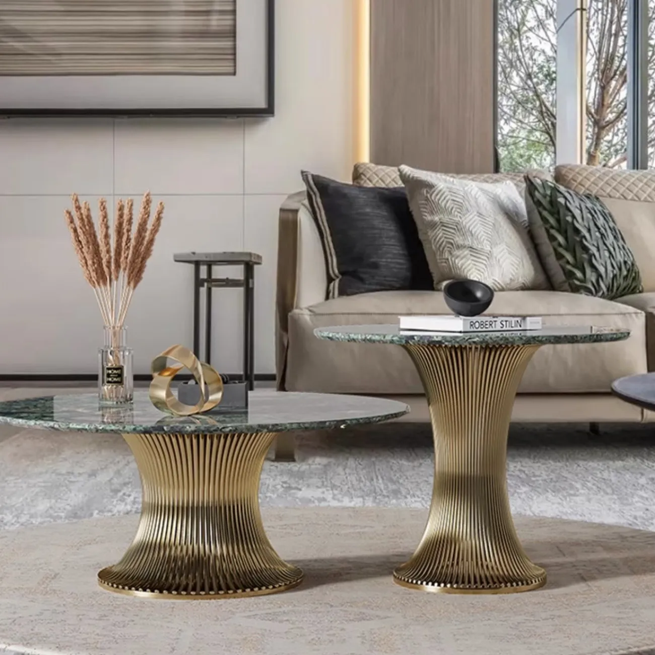 Роскошный круглый приставной столик из натурального камня цвета изумруд XPW 35693-29