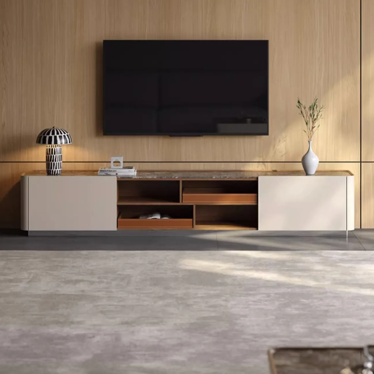 Роскошная тумба под ТВ из седельной кожи и натурального камня XPW 35723-29