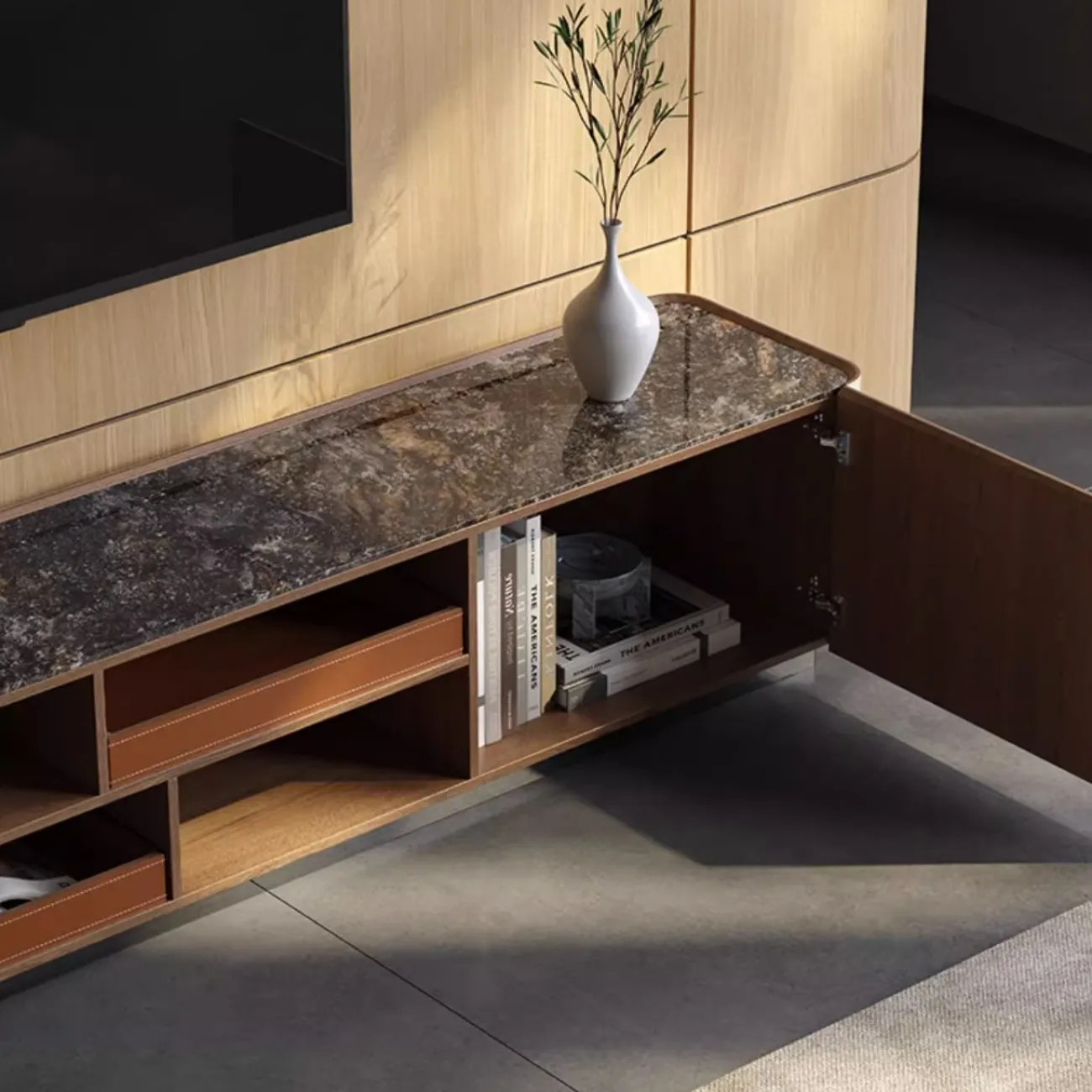 Роскошная тумба под ТВ из седельной кожи и натурального камня XPW 35723-29