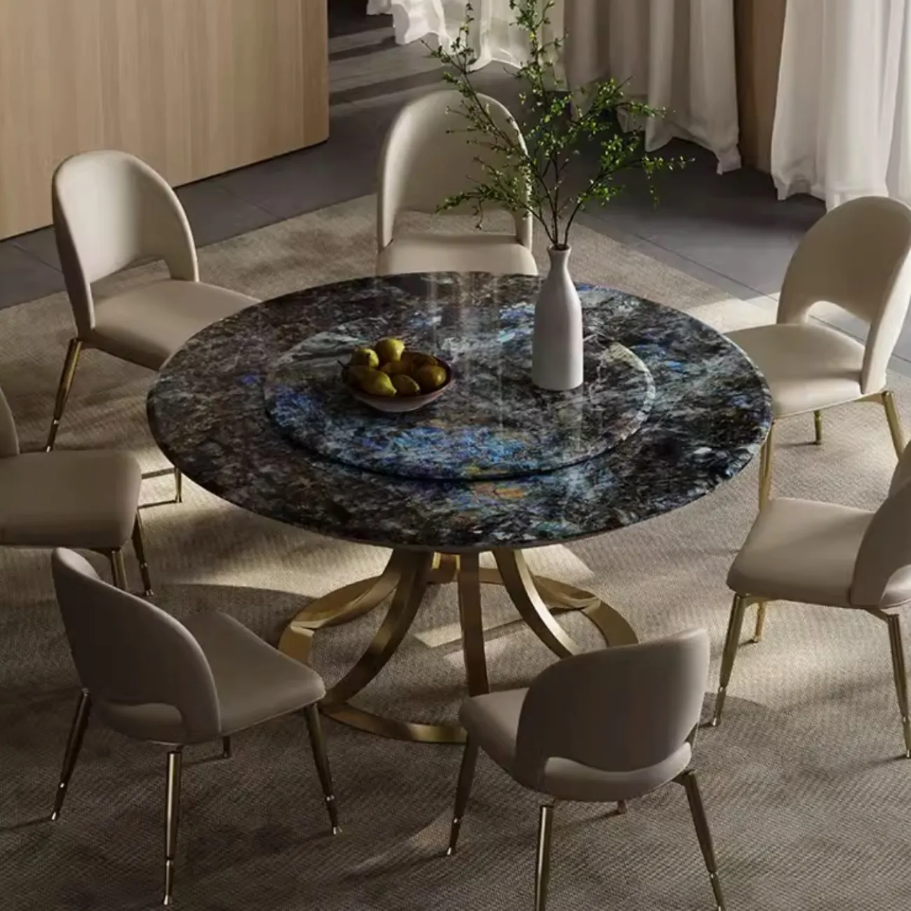 Роскошный круглый обеденный стол из натурального мрамора с поворотным механизмом XPW 35727-29